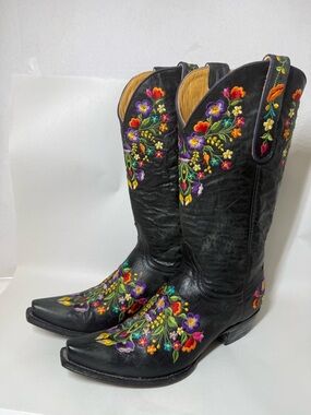 Old Gringo Black Leather Western Boots with Multicolor Floral Embroidery